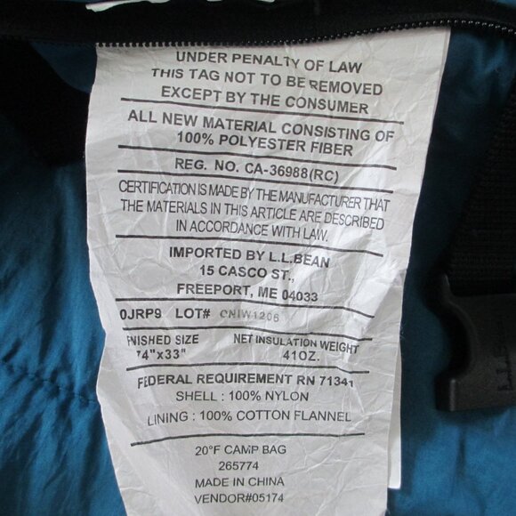 L. L. BEAN FLANNEL-LINED CAMP 20° SLEEPING BAG - Picture 15 of 16